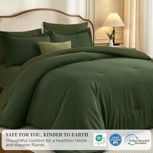 Dark Green King Comforter Set - Upgraded 7-Piece Bed in a Bag with Linen-Like Texture