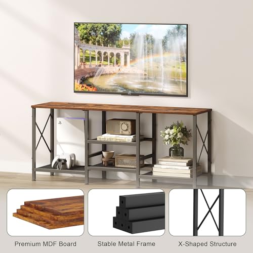 Rustic Brown TV Stand for 55 Inch TV with 3-Tier Open Shelves - Entertainment Center