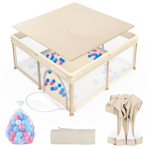 Yellow Foldable Baby Playpen 50x50 Inch Portable Toddler Play Yard with Mesh Safety