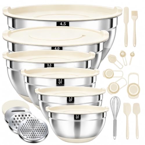 21-Piece Khaki Mixing Bowls Set with Lids, Non-Slip Base & Graters - Nesting Stainless Steel Kitchen Bowls