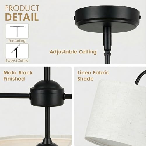 3-Light Black Linear Pendant Light with Linen Beige Drum Shades - Modern Kitchen Island & Dining Room Fixture - Scyvenra 3 Light-Black Variant