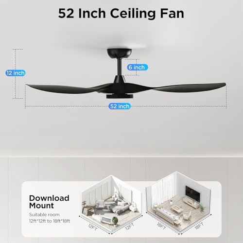 Roomratv 52 Inch Black Modern Ceiling Fan with Dimmable LED Light & Remote