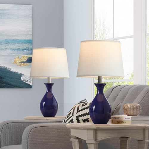 PARTPHONER Navy Blue Ceramic Table Lamps Set of 2 - Modern Bedside Nightstand Lamps for Bedroom & Living Room