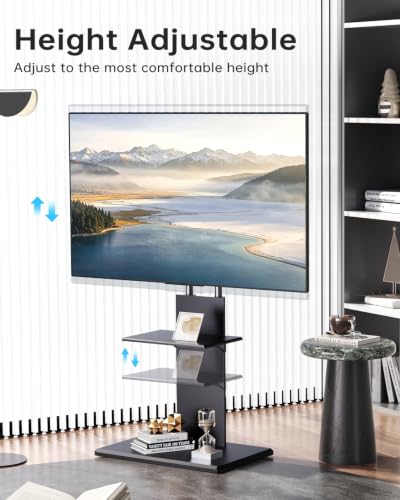 Afaloona Wooden Black Floor TV Stand for 32-70 Inch TVs, Height Adjustable & Swivel