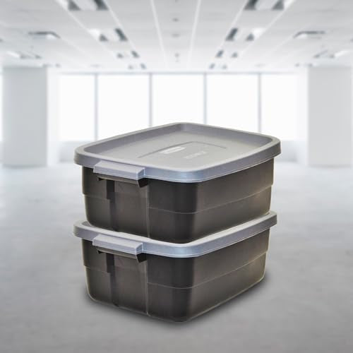 Heavy Duty Plastic Storage Totes 10 Gal 6 Pack with Lids - Stackable Garage & Attic Bins - Black & Gray