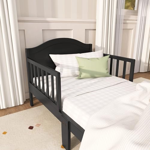Toddler Bed with Safety Rails - Black, GREENGUARD Gold Certified, Pinewood