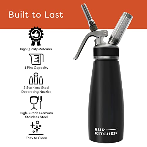 EurKitchen Stainless Steel Black Whipped Cream Dispenser for Culinary Use