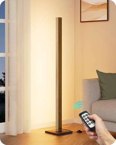 EDISHINE Natural Wooden LED Corner Floor Lamp with Remote, Dimmable & 7 CCT