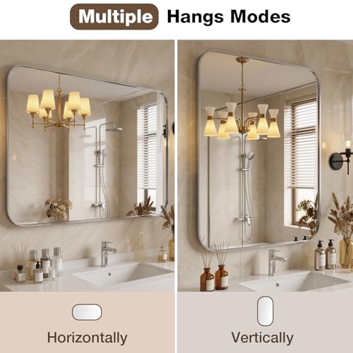 MZON 30x36 Inch Brushed Nickel Bathroom Mirror Over Sink, Modern European Style