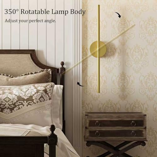 24-Inch Battery Operated Wall Sconce Set of 2 - Gold, 350° Rotating Lamp, Cordless Rechargeable, Dimmable & Remote Control