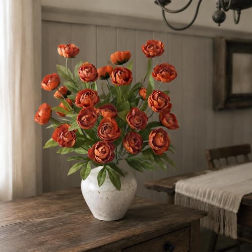 Orange Faux Silk Peony Flower Stems - 12 Pieces, 27-Inch Fall Decor