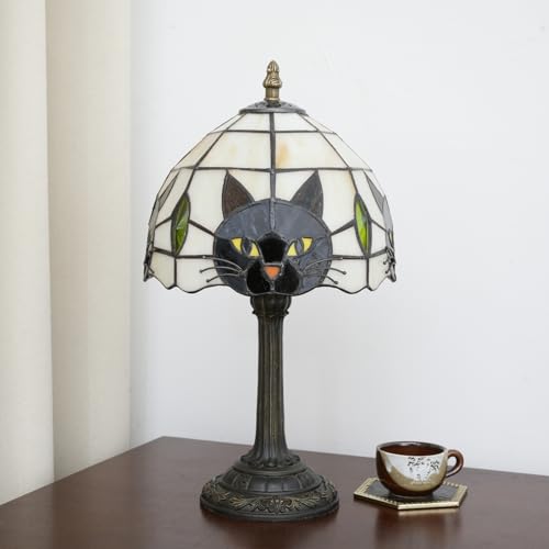 Tiffany Style Black Cat Stained Glass Table Lamp - Small Quirky Desk Light with Variation A