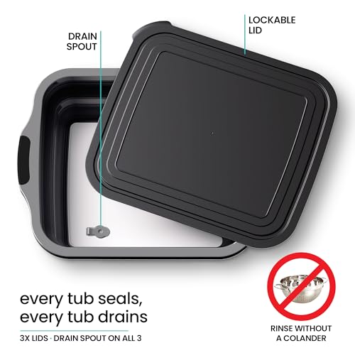 Black Collapsible BBQ Prep Tub Set - 3 Pack with Lids & Drain Spouts