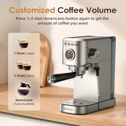 Spacekey Silver Espresso Machine with Milk Frother, 20 Bar Compact Coffee Maker for Home, 39oz Water Tank, Fast Heating