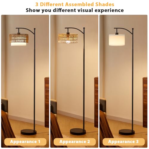 Ambimall Arc Floor Lamp with Remote & Rattan Double Shades - Black Rustic Variation