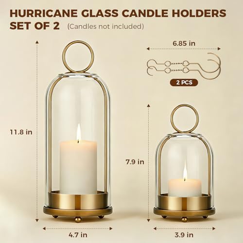 Havmorph Gold 5&4 Hurricane Glass Candle Holders, Hanging Brass Set