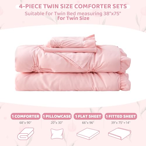 Twin Comforter Set for Girls, Boho Pintuck Bedding Sets, 4 Pieces