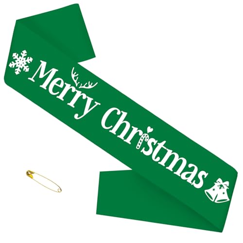 Merry Christmas Sash for Party - Retro Sage Green with White Foil Text, 31.5in x 3.74in