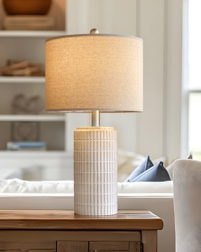 PoKat 23'' Bedside Table Lamp for Bedroom Nightstands - Beige & White