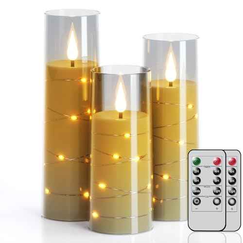 GenSwin Flickering Flameless Candles with 2 Remote Timer, 3 Pack LED Battery Operated with Embedded Star String, Battery Candles for Halloween Christmas Wedding Decororations(D2.3¡± x H5¡±6¡±7¡±)