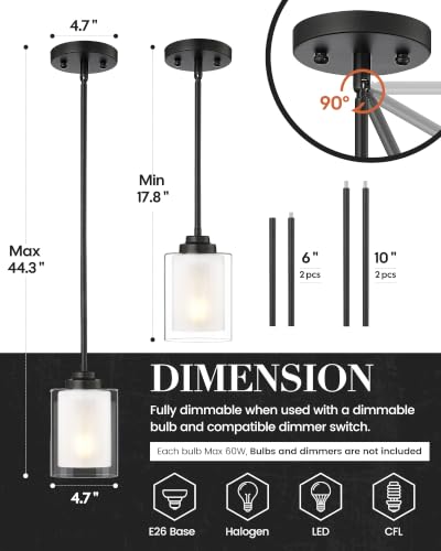 TENGXIN 2 Pack Matte Black Pendant Lights for Kitchen Island with Dual Glass Shades - Adjustable Height