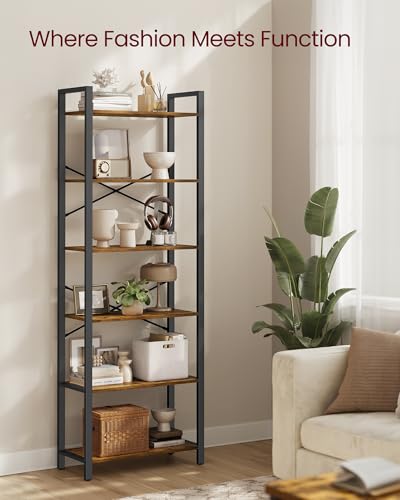 VASAGLE 6-Tier Bookshelf - Rustic Brown & Ink Black Steel Frame, Without Back Panels, Industrial Style, 11.8 x 26 x 73.2 Inches