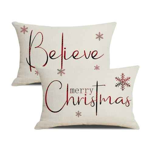 Christmas Pillow Covers 12 x 20 Inch Set of 2 Merry Christmas Believe White Throw Pillow Covers Winter Xmas Winter Holiday Decorative Cushion Cases for Sofa Couch