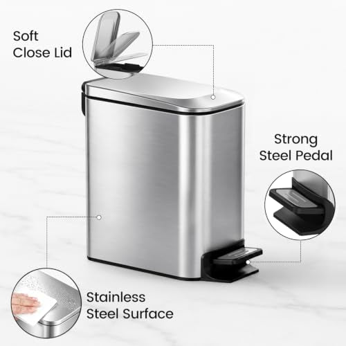 TIPGO Small Bathroom Trash Can with Lid - 1.6 Gallon, Silver, Soft Close