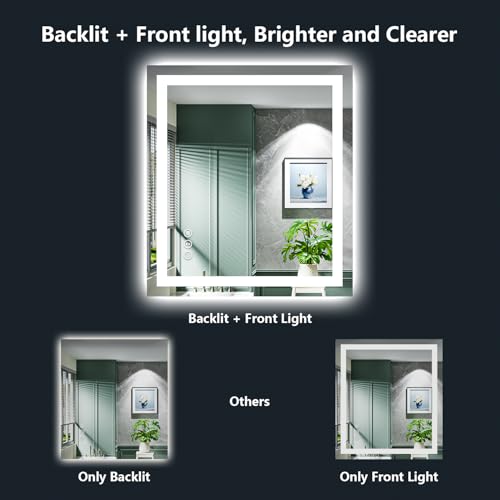 YEELAIT 24x32 Inch LED Bathroom Mirror with Lights, White, Anti-Fog, Dimmable