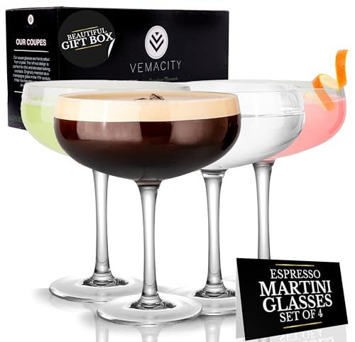 Set of 4 Elegant 10oz Cocktail Coupe Glasses for Martinis & Champagne - Handblown Crystal