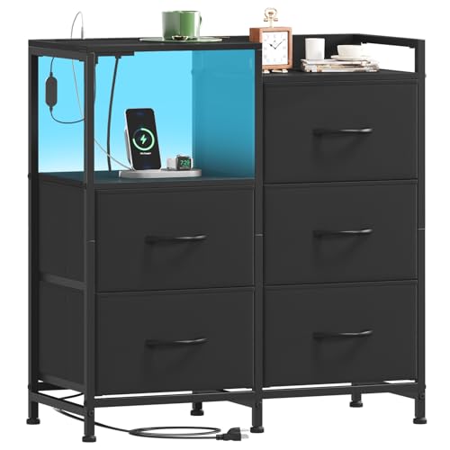 Somdot Black Wide Bedroom Nightstand with 5 Drawers, Charging Station & LED Light - 11.4"D x 26.2"W x 27.8"H