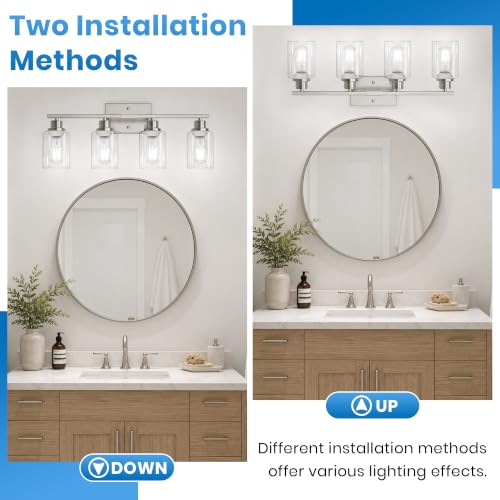 Brushed Nickel 4-Light Bathroom Vanity Light Fixture with Clear Glass Shades - Reversible Mounting