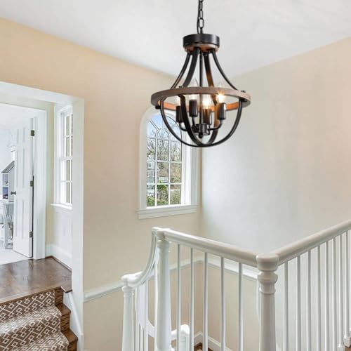Farmhouse Pendant Light Fixture - 4-Light Rustic Ceiling Chandelier with Adjustable Chain - Brown Black Variation