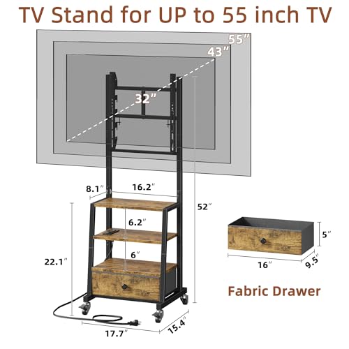 Rolling TV Stand with Wheels & Mount - 15 Inch Rustic Brown with Fabric Drawer - Fits 32-55 Inch TV