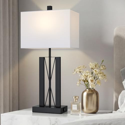 White 25-Inch Modern Table Lamps Set of 2 with USB Charging for Bedroom & Living Room