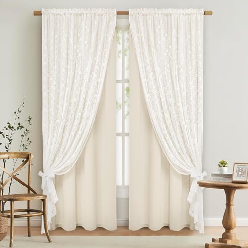 Light Filtering Linen Curtains for Bedroom & Living Room - Beige 52W x 84L, 2 Panels, Double Layer Boho Farmhouse Style - Variation of Light Filtering Beige 52W x 84L