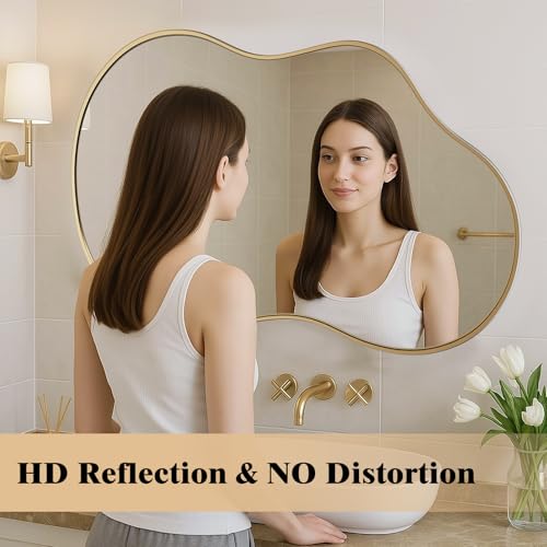 Gold Irregular Wall Mirror for Bathroom 36 Inch x 20 Inch - Modern Decorative Design