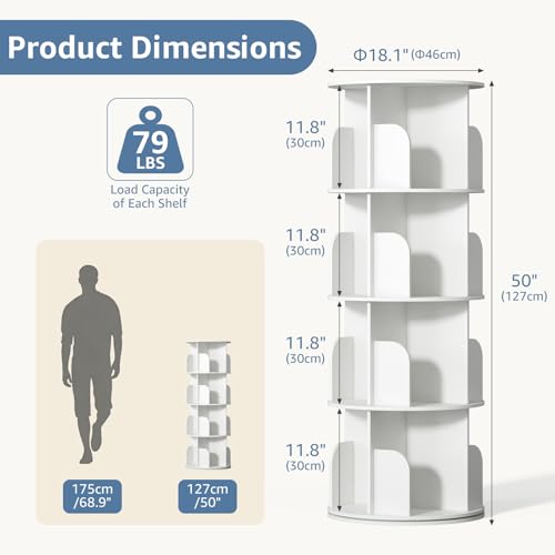 White 4-Tier Rotating Bookshelf Tower - Space-Saving Spinning Bookcase