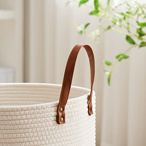 Tall Laundry Basket with Leather Handle - 58L Woven Rope Storage Hamper, Brown