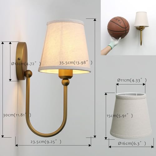 Pathson Antique Brass Linen Fabric Wall Sconces Set of 2 - Curved Arm Bathroom Vanity Lights