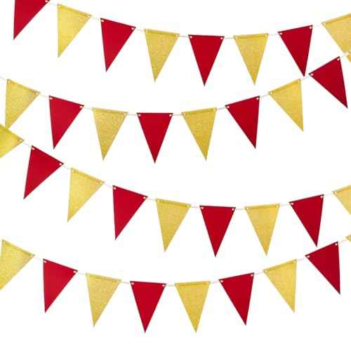 MOWO Gold Red Pennant Banner Paper Bunting Hanging Decoration for Birthday Graduation Retirement Party, Pack of 30 Counts Pennant, 20 feet