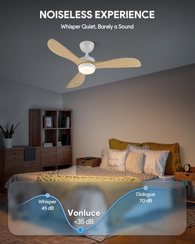 VONLUCE 42 Inch Wooden Ceiling Fan with Lights, White, Downrod Mount, Natural Wood Finish