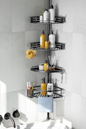 HAMITOR Corner Shower Caddy Tension Pole - 4 Tier Rustproof Organizer Black - Variation A