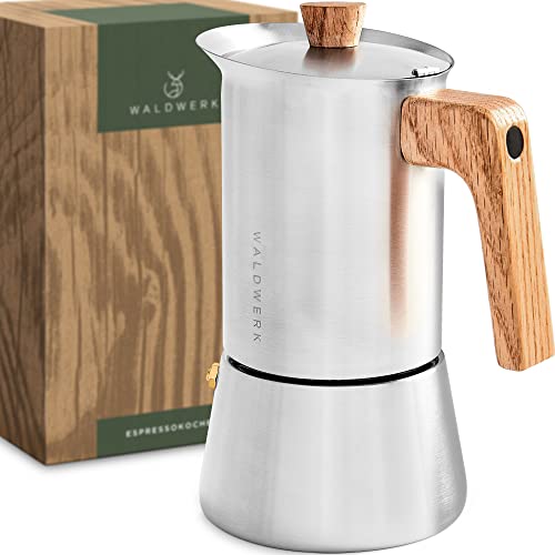 Stainless Steel 10oz Moka Pot with Oak Wood Handle - Italian Espresso Maker for Stovetop & Induction - Toxic-Free Coffee Brewer