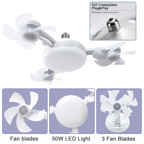 E26/E27 Socket Ceiling Fan with Remote, Dimmable LED Light and 3 Mini Fans