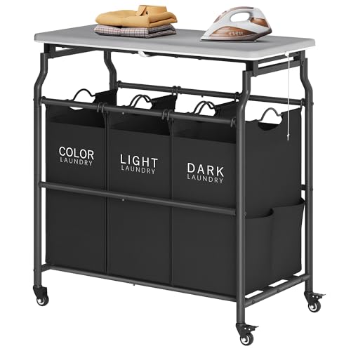 Hoctieon Black 3-Section Laundry Sorter with Removable Hampers & Ironing Board
