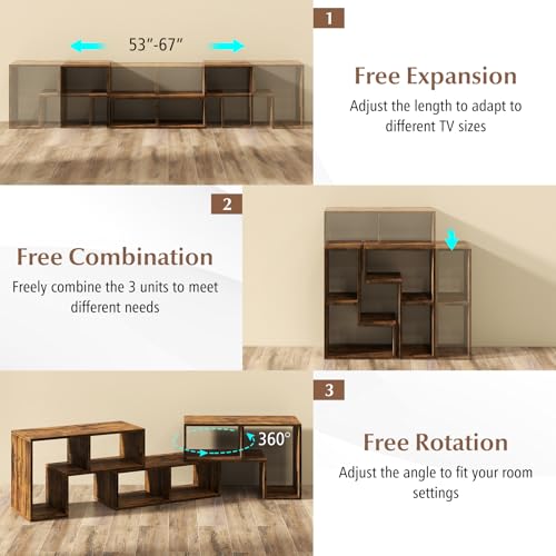 GIANTEX Free-Combination TV Stand for 50-65 Inch TVs - Brown, Modular 3-Piece Media Console with Storage Cubes
