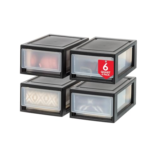 IRIS USA 4-Pack 6 Qt. Small Stackable Drawer Storage Organizers - Black