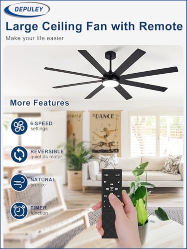 Black 66-Inch Ceiling Fan with Lights Remote Control Dimmable Reversible Motor