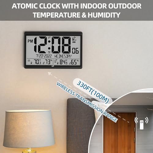 Digital Atomic Wall Clock with Indoor/Outdoor Temp & Humidity - Black, 15"